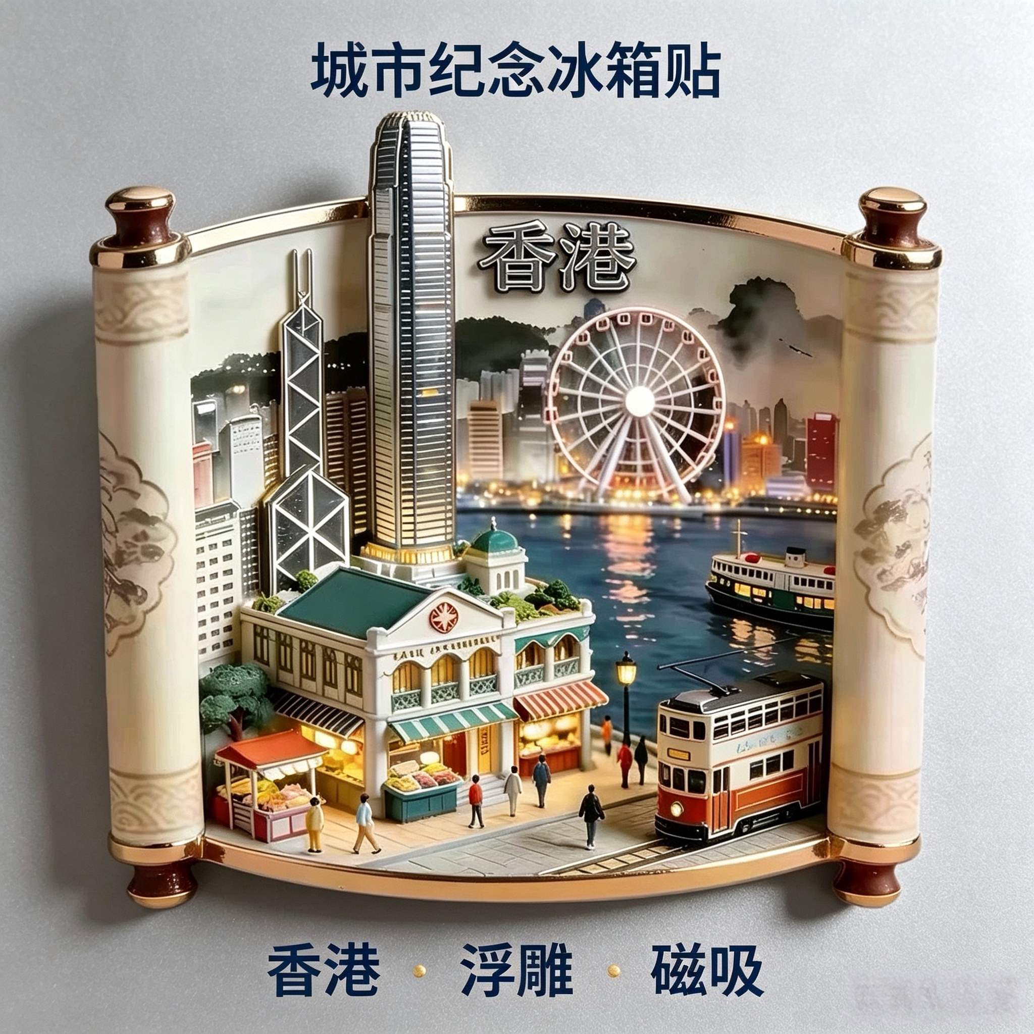 香港卷轴冰箱贴维港摩天轮叮叮车地标立体浮雕文创旅游纪念伴手礼