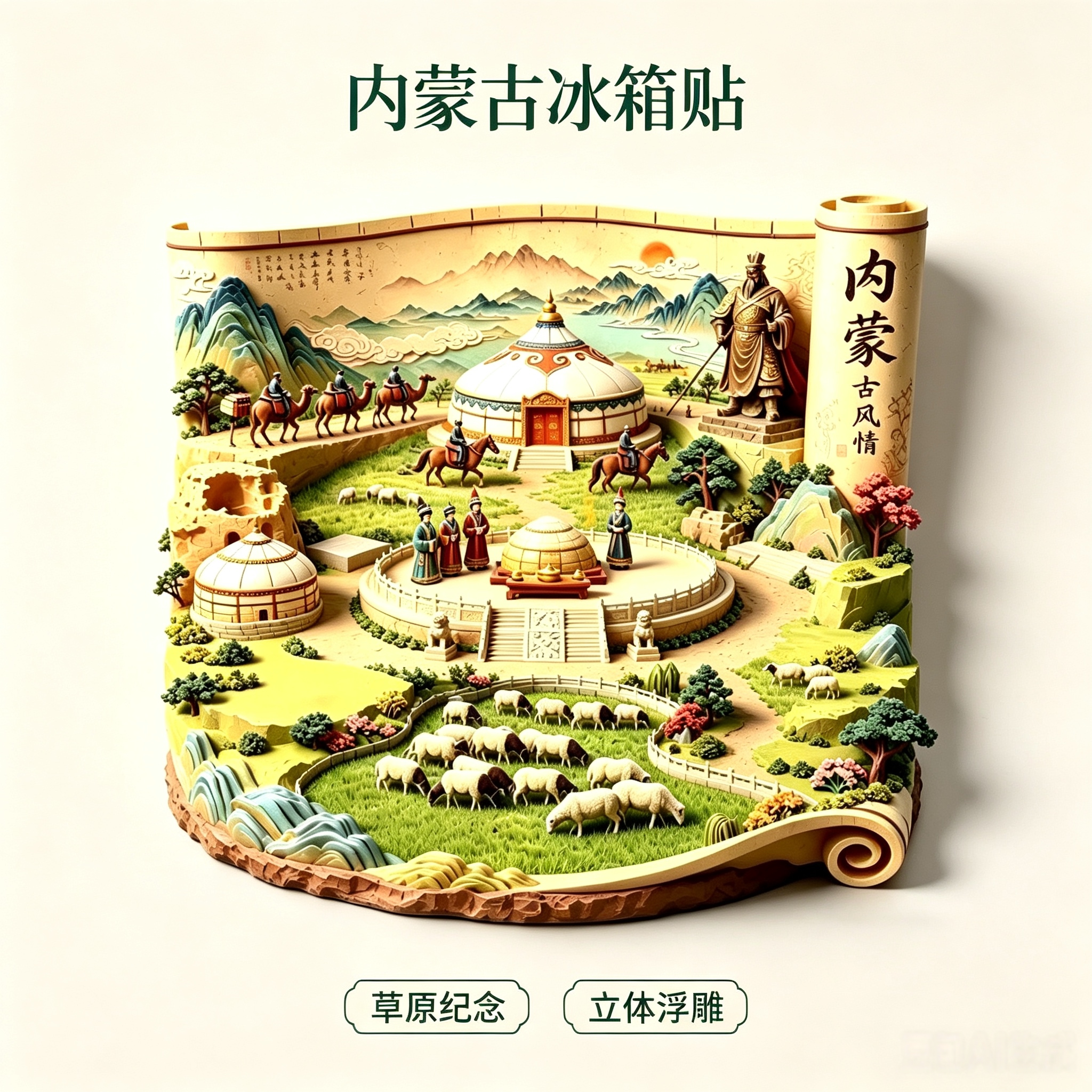 内蒙古卷轴文创冰箱贴游牧文化草原地标立体磁力贴出游打卡小礼物