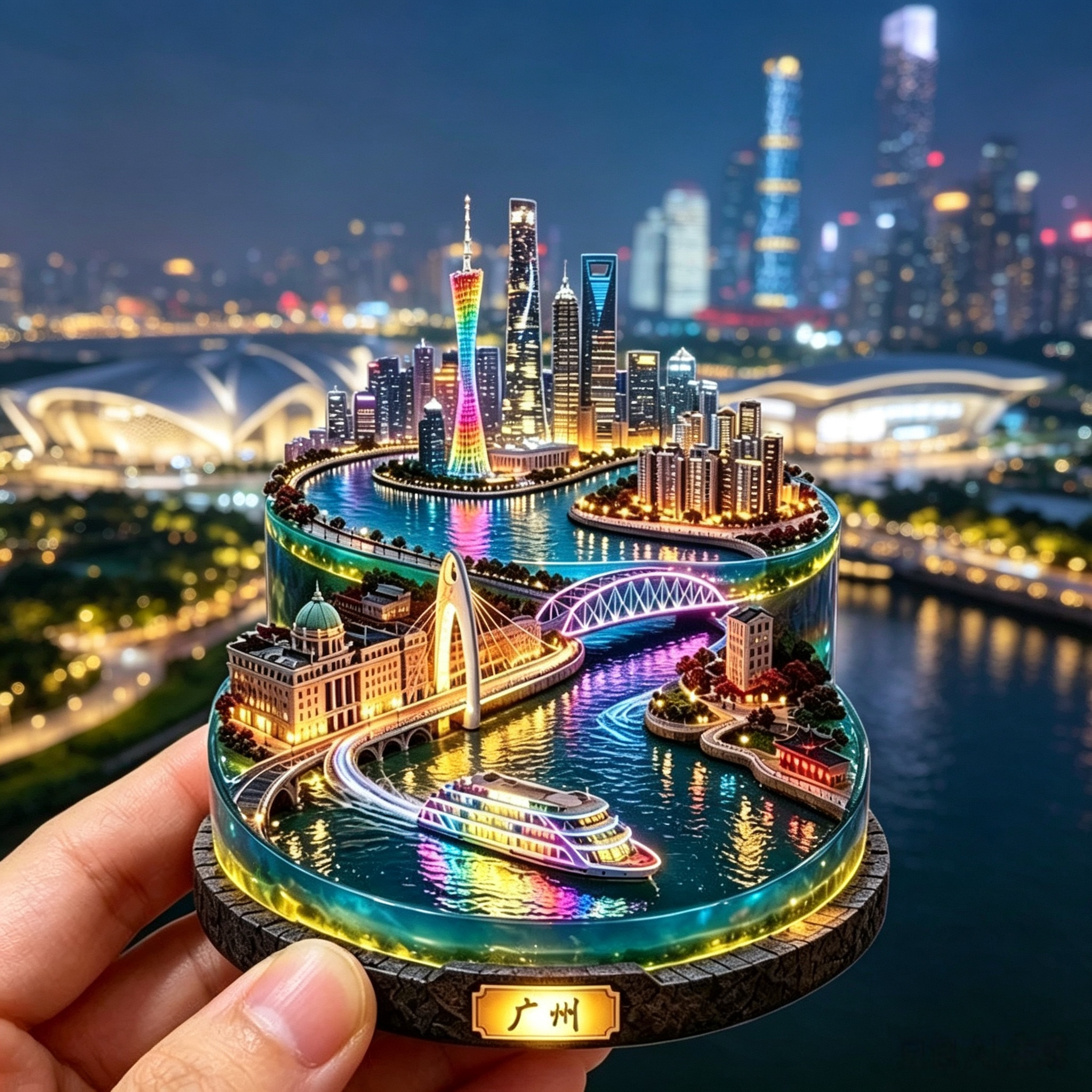 广州珠江夜景立体冰箱贴广州塔海心桥游船微缩城市文创旅游伴手礼