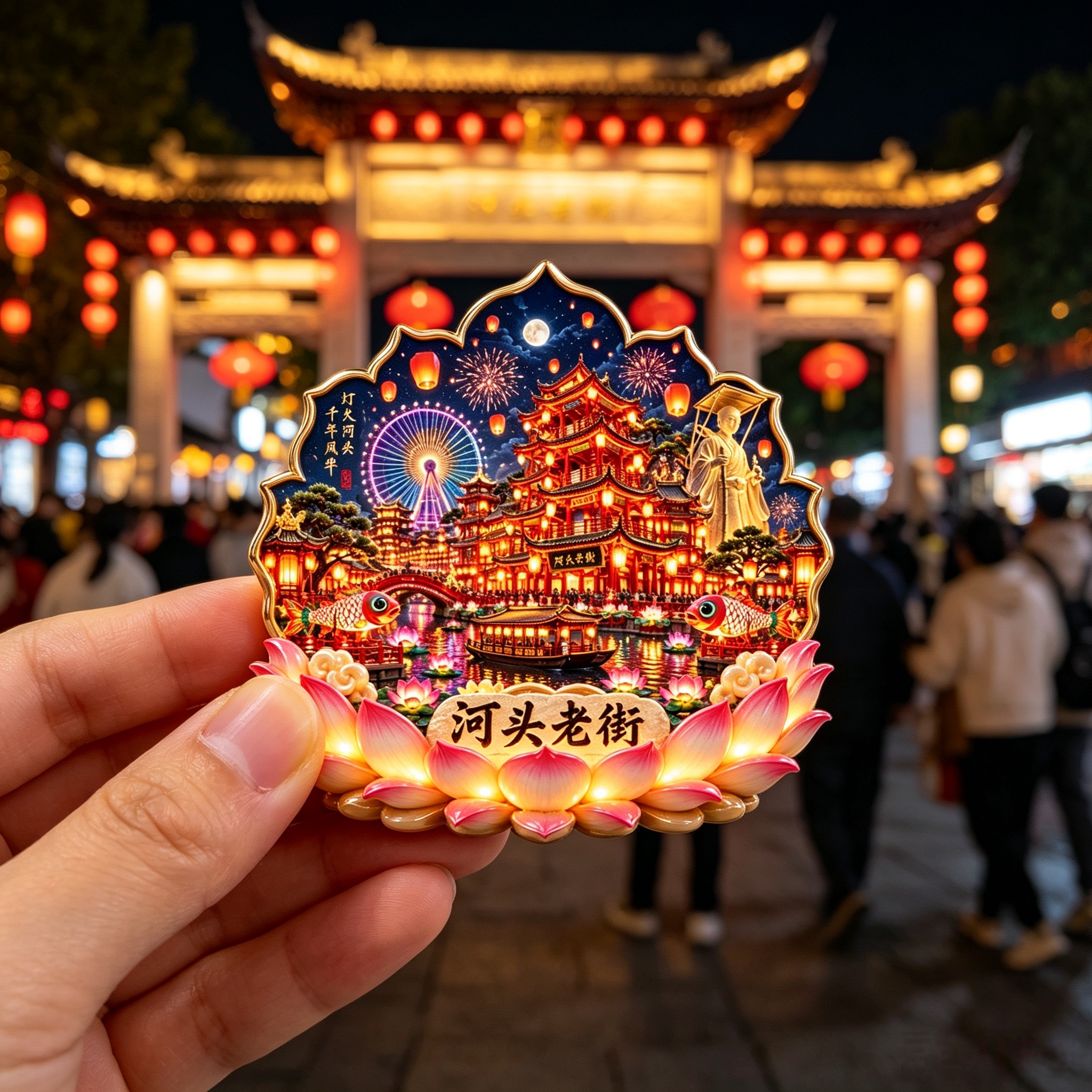 唐山河头老街文创冰箱贴 莲花造型夜景灯会磁贴 景区打卡收藏礼物