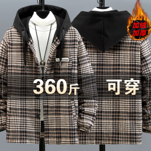 潮胖时尚休闲加肥加大码格子连帽假两件呢子加绒外套潮流宽松百搭