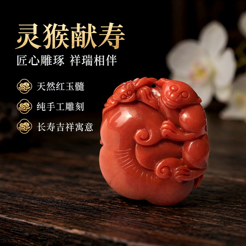 正品红玉髓挂坠天然宝石吊坠灵猴献寿桃挂件高档男女古玩雕刻项坠