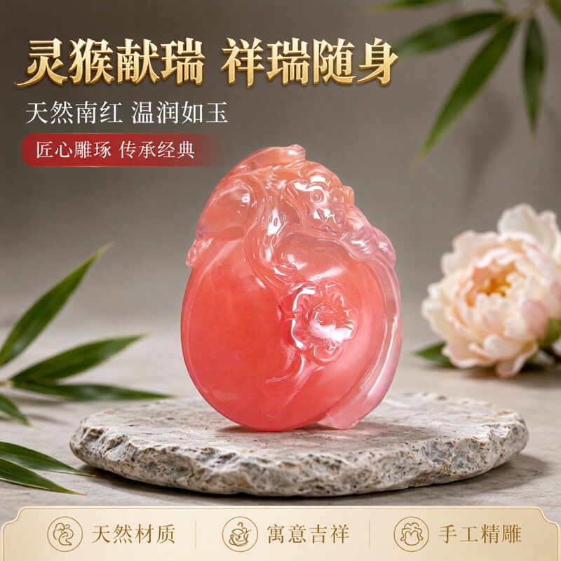 宝石灵猴献瑞寿桃挂件天然南红玛瑙挂坠生肖猴子饰品高档男女项坠