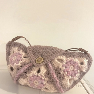 莫兰迪色系祖母格牛角包手工diy钩针编织材料包毛线斜挎包送朋友