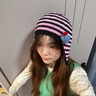 可爱条纹手工毛线钩织帽子冬天护耳可爱送朋友礼物diy材料包