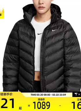 NIKE耐克女子黑色休闲宽松保暖连帽羽绒服外套HV5106-010