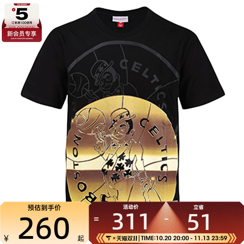 Mitchell&ness复古bigface4.0黑金波士顿凯尔特人队运动T恤领短T