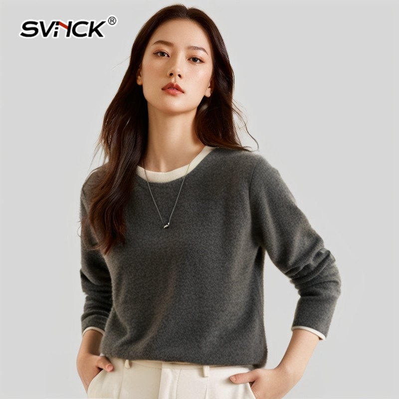 圆领100纯山羊绒衫女毛衣秋冬新款假两件上衣灰色宽松针织打底衫