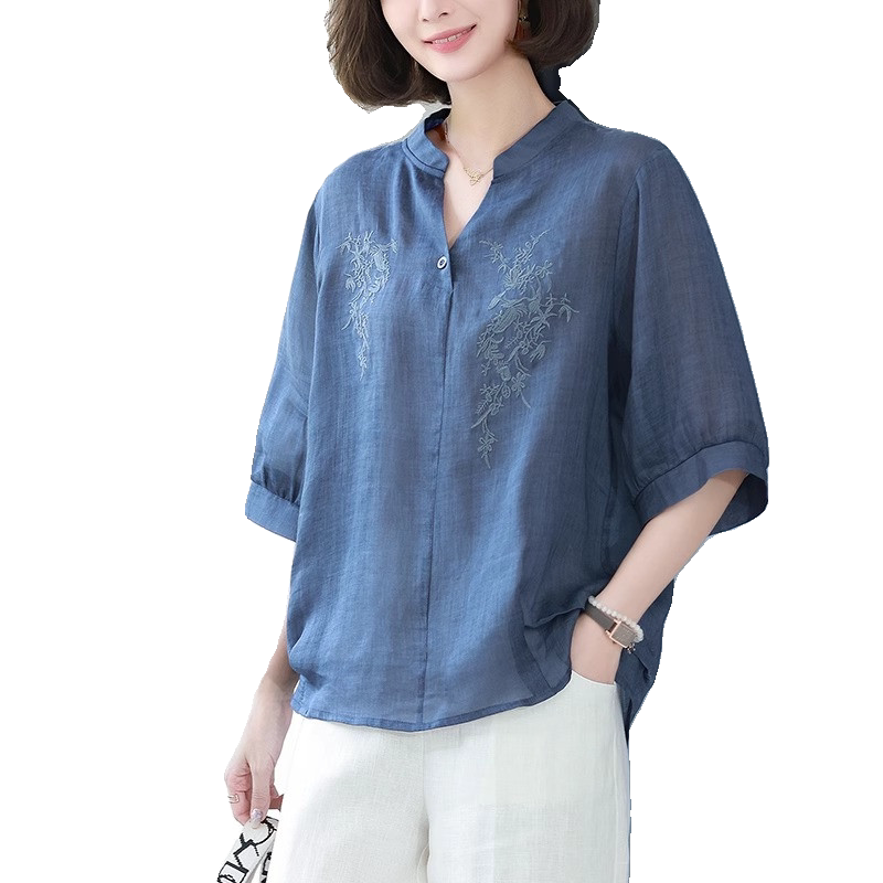 苎麻上衣女夏季短袖妈妈装
