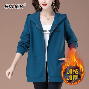 大码 宽松拉链开衫 加绒上衣 中老年妈妈装 连帽卫衣外套女春秋冬薄款