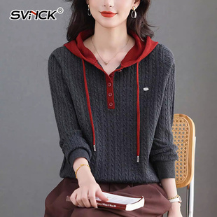 撞色连帽针织衫女士新款黑红拼接带扣卫衣宽松显瘦时尚百搭毛衣