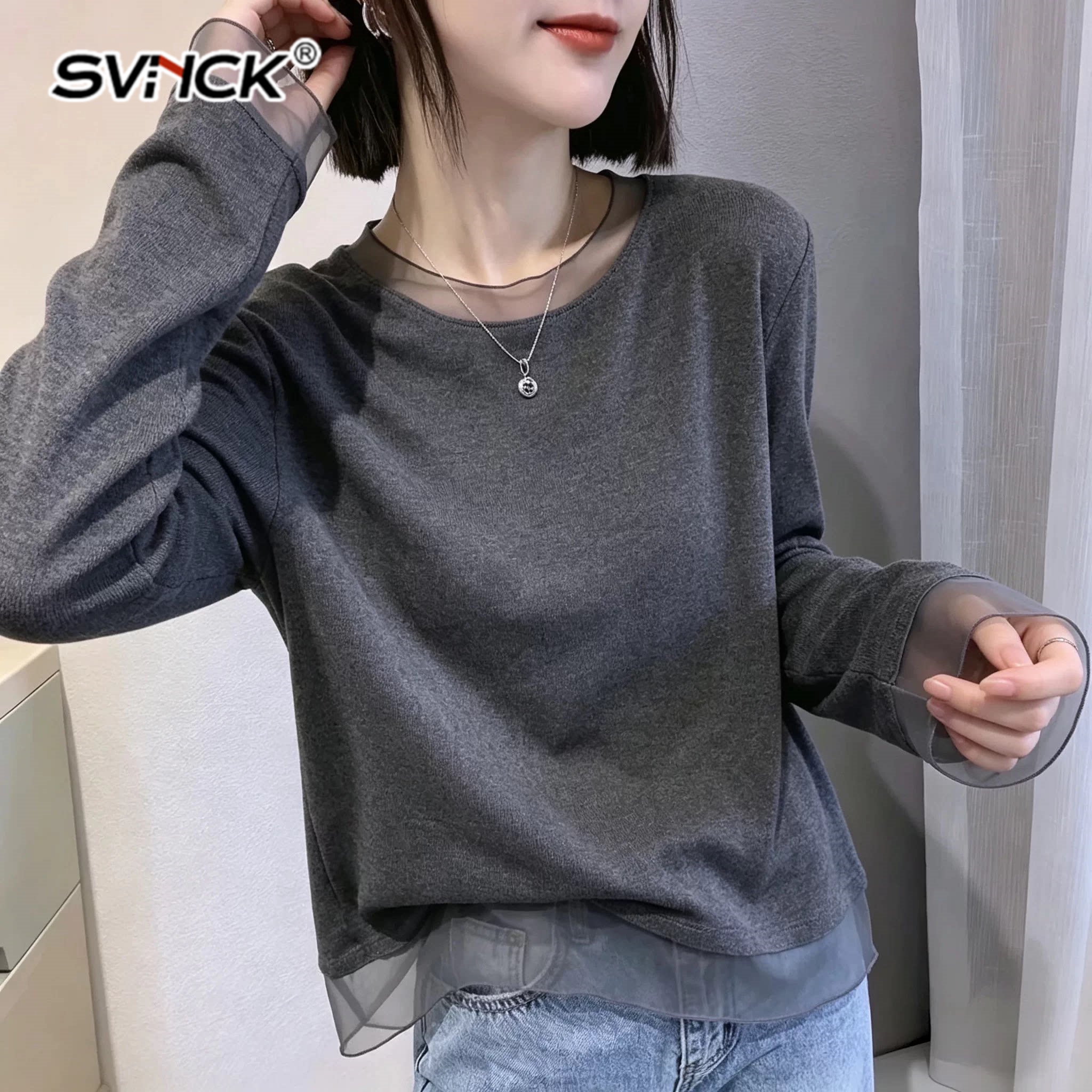 韩系网纱拼接长袖T恤女秋季新款