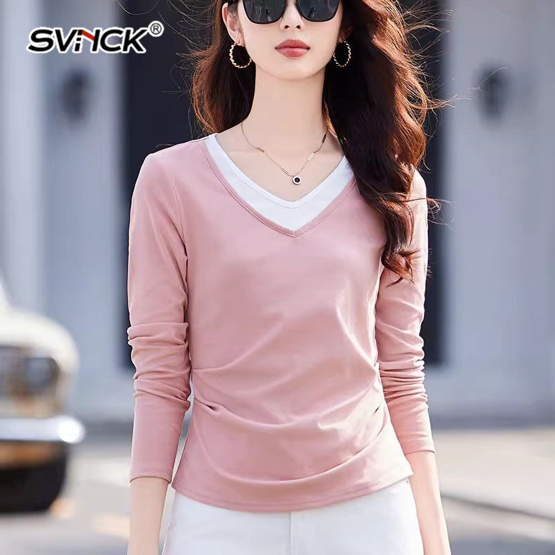 轻奢长袖T恤女士宽松春秋季新款假两件V领内搭打底衫外穿百搭上衣