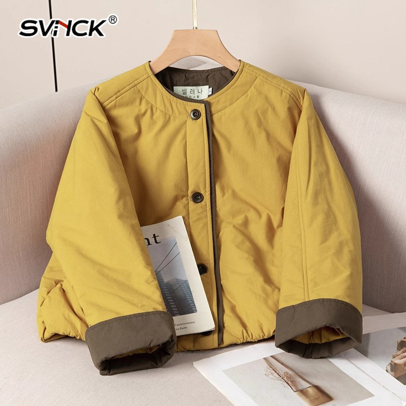 韩版新款撞色拼接夹棉外套女时尚短款休闲气质棉服百搭洋气上衣