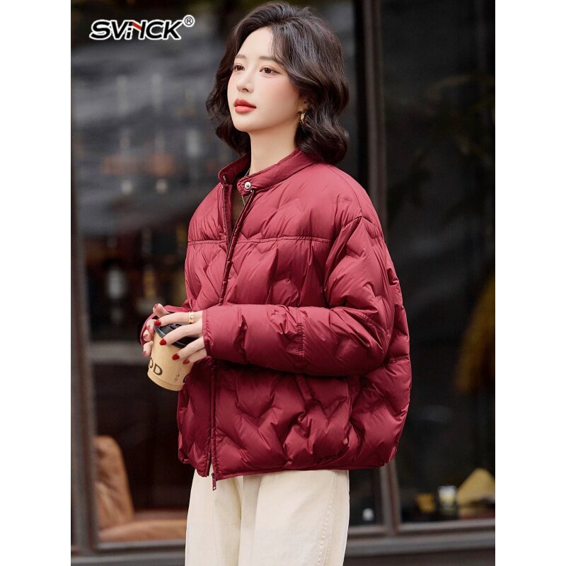 白鸭绒红色短款羽绒服女冬季2026