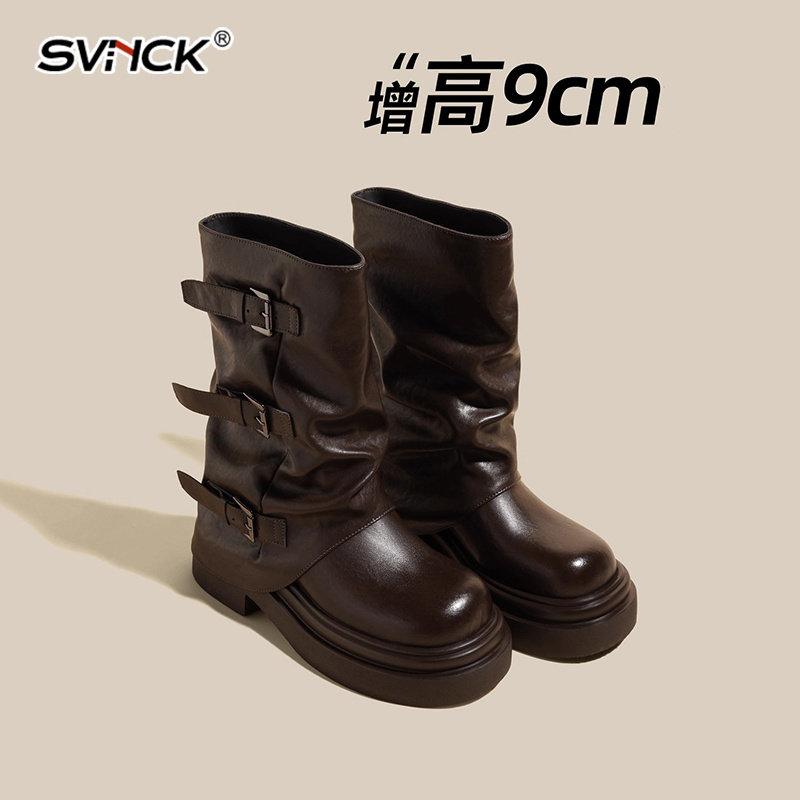 9cm内增高复古时尚马丁靴女新款厚底皮带扣小个子英伦风短中筒靴