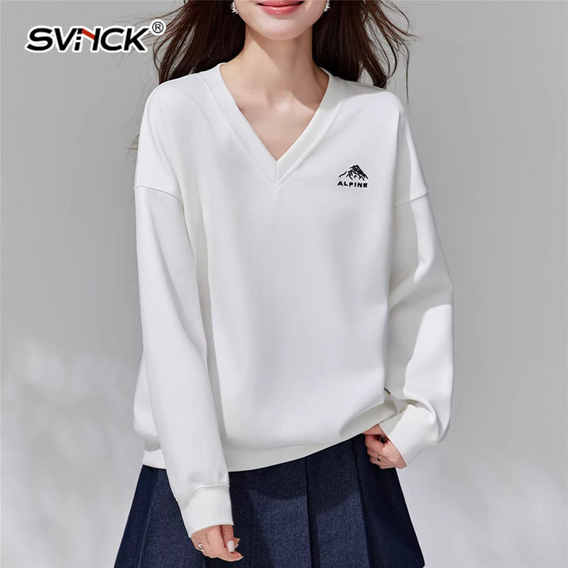 韩版v领长袖t恤卫衣女士新款春秋休闲宽松大码显瘦小众设计感