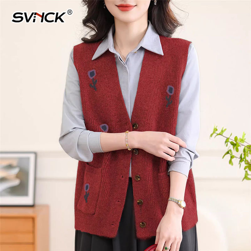 红色毛衣马甲女春秋2026新款时尚刺绣花朵叠穿背心开衫针织衫马夹