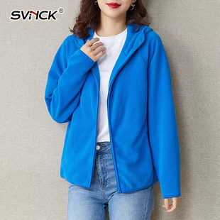 宝蓝色摇粒绒连帽外套女春秋季休闲斜肩抓绒上衣开衫轻薄外套