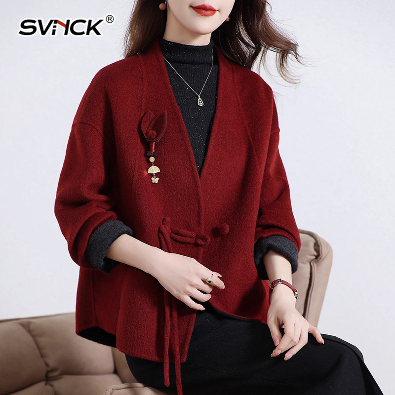 双面呢大衣女短款2025秋冬新款羊毛红色新中式国风盘扣毛呢外套