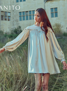 MANITO/曼尼陀Sophia 圆领木耳边短睡裙真丝桑蚕丝连衣裙
