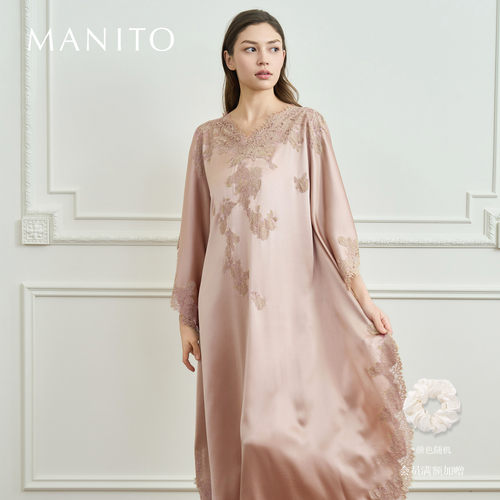 MANITO/曼尼陀Windy女士桑蚕丝长袖连衣裙亲肤睡裙雕花蕾丝裙夏季