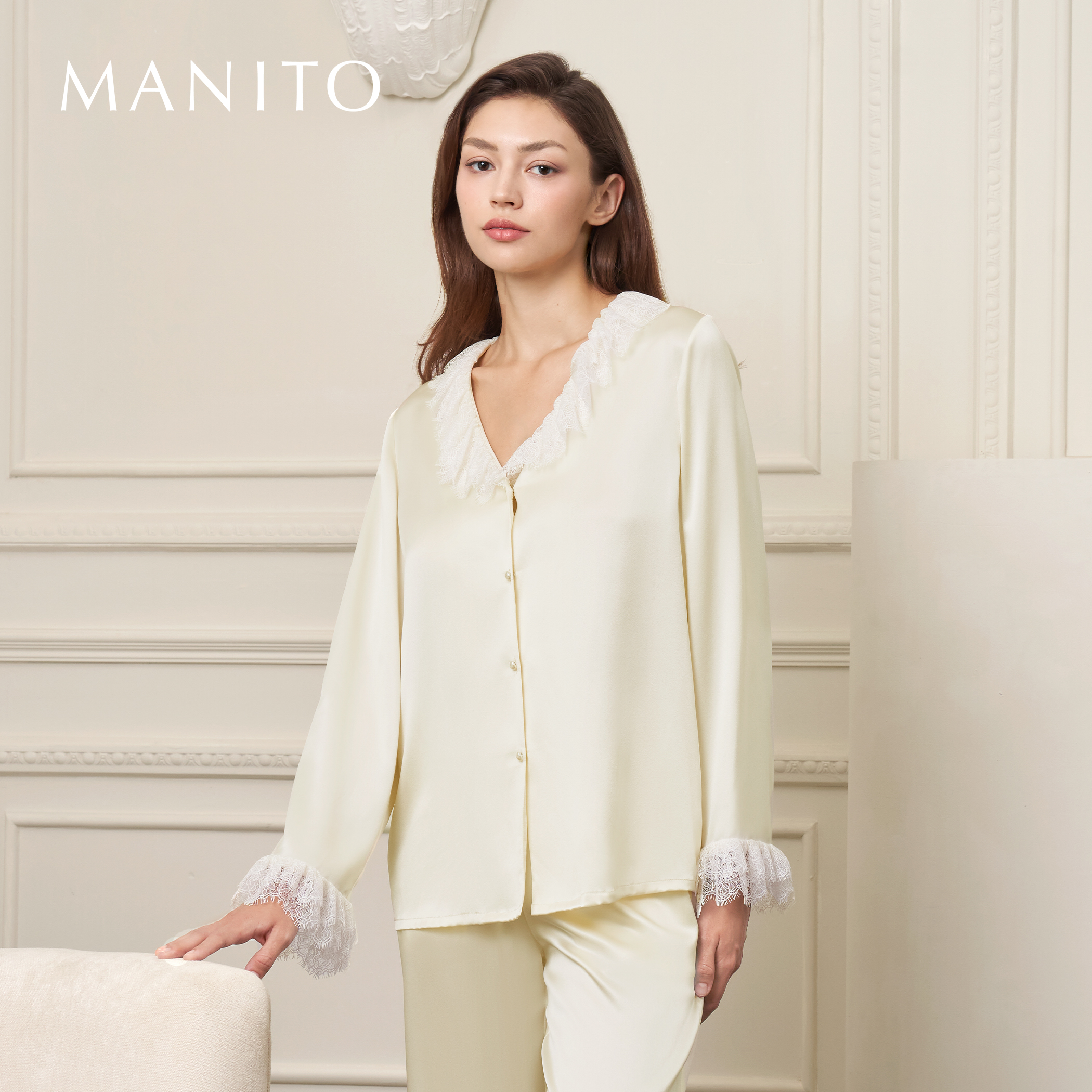 MANITO/曼尼陀Court 蕾丝女士家居服套装22姆米桑蚕丝睡衣扣