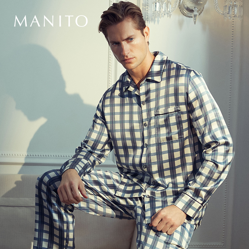 manito男士家居服格纹真丝睡衣