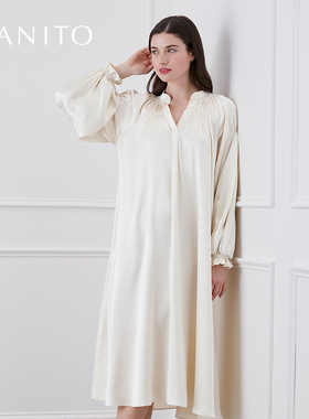 MANITO/曼尼陀Sophia 灯笼袖宽松长裙v领木耳边宫廷度假风连衣裙