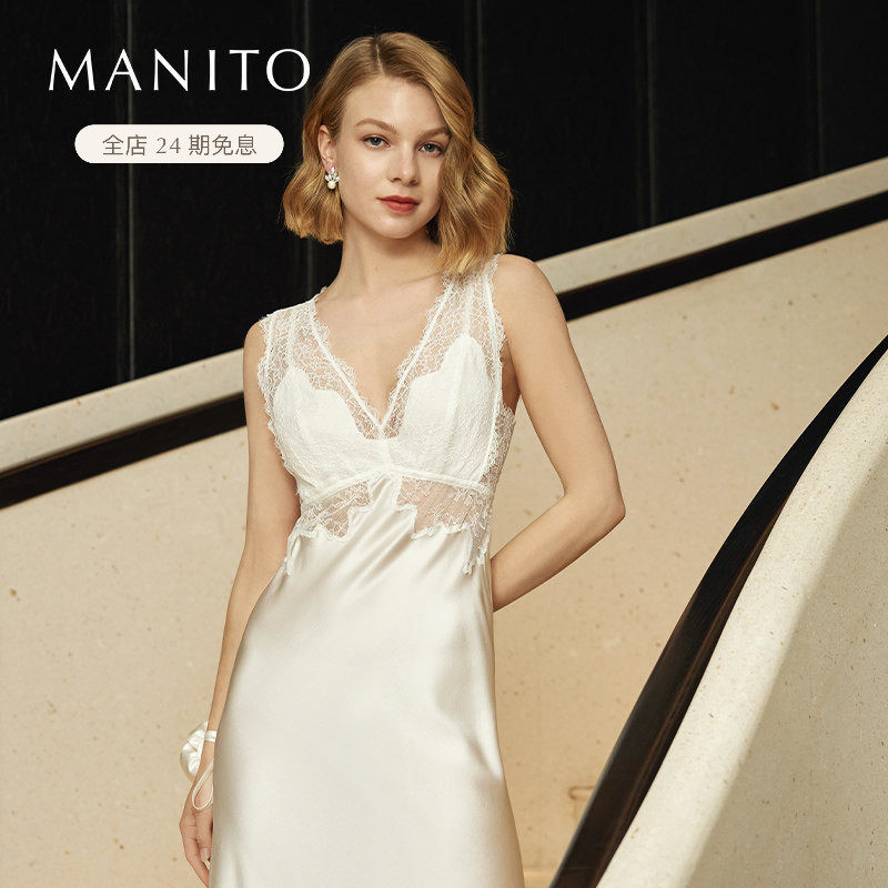 MANITO/曼尼陀Wedding桑蚕丝蕾丝连衣裙女士真丝睡衣婚礼礼服礼物