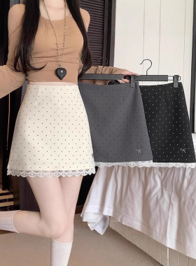 大码胖mm高腰显瘦半身裙女新款夏季a字包臀短裙蕾丝波点花边裙子