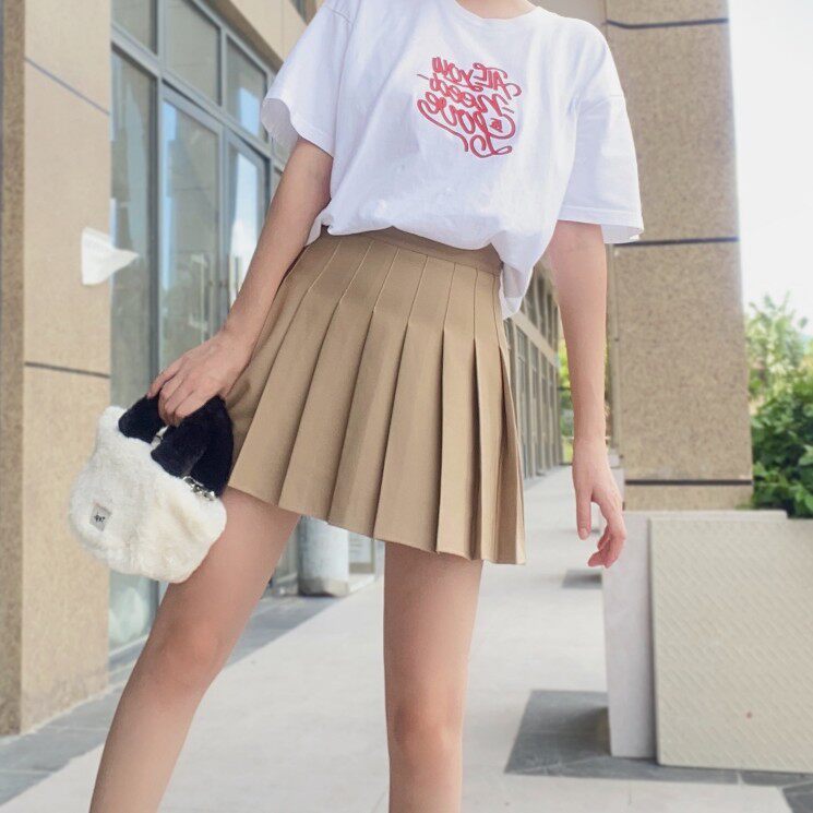 百褶裙女夏季新款高腰显瘦jk裙胖mm卡其色小个子学院风大码半身裙