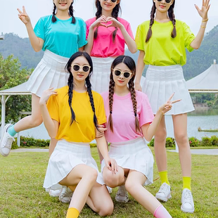 演出服女彩色t恤多巴胺穿搭2024新款糖果色伴娘团闺蜜班服套装女