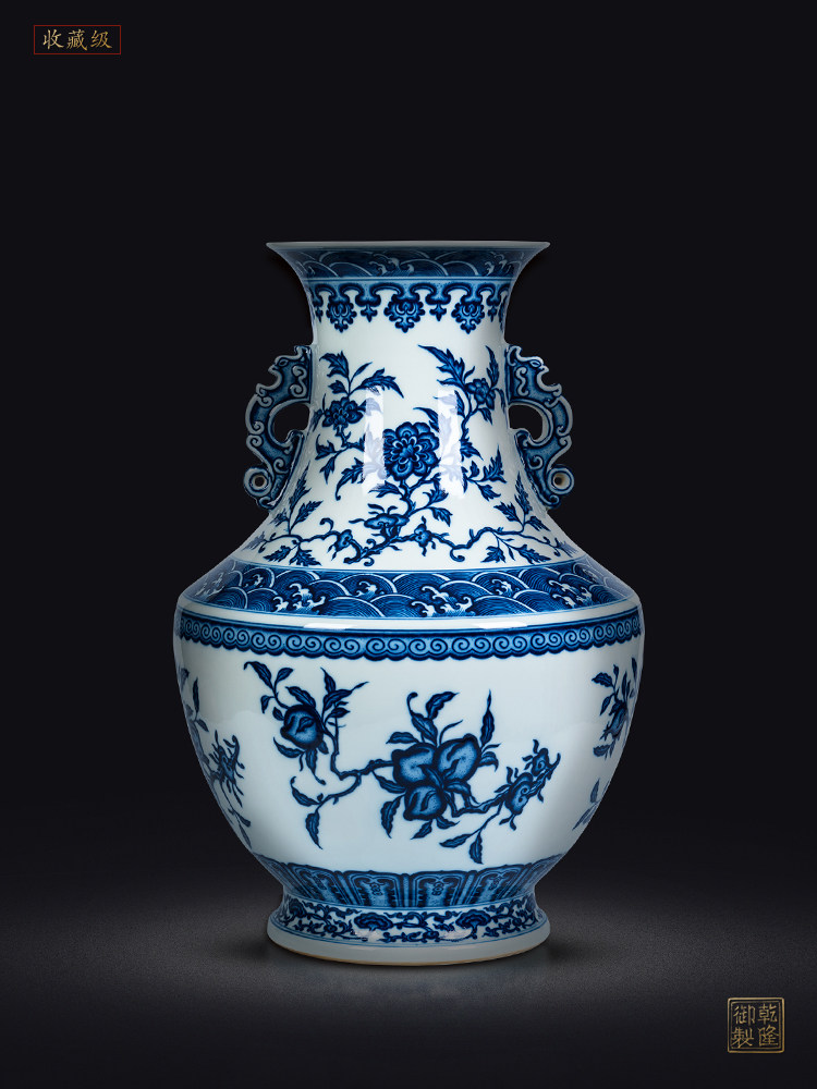 景德镇陶瓷器花瓶仿清乾隆柴窑青花瓷如意纹方肩瓶中式客厅装饰品