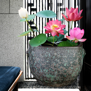 速发景德镇陶瓷缸仿古窑变双耳鱼器家用客厅装纳摆件养鱼缸字画收