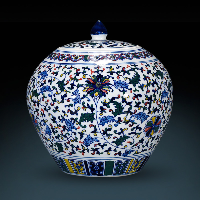 景德镇陶瓷器花瓶仿古手绘青花瓷五彩盖罐中式古典客厅装饰品摆件