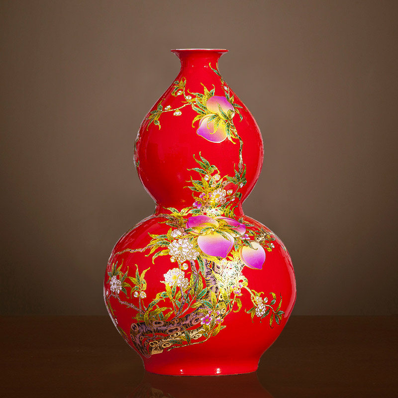 景德镇陶瓷器仿古落地大花瓶中国红色寿桃葫芦瓶中式客厅摆件大号
