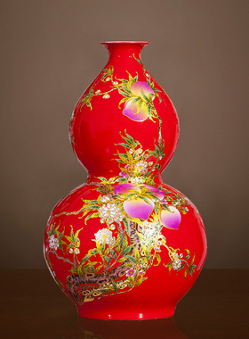 景德镇陶瓷器仿古落地大花瓶中国红色寿桃葫芦瓶中式客厅摆件大号