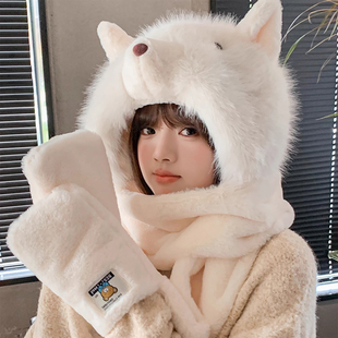 儿童帽子围巾一体女秋冬双层加厚防寒保暖小熊东北帽子学生护耳帽