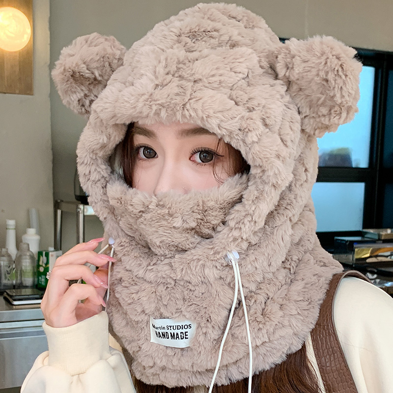 小熊套头帽女秋冬口罩围脖一体