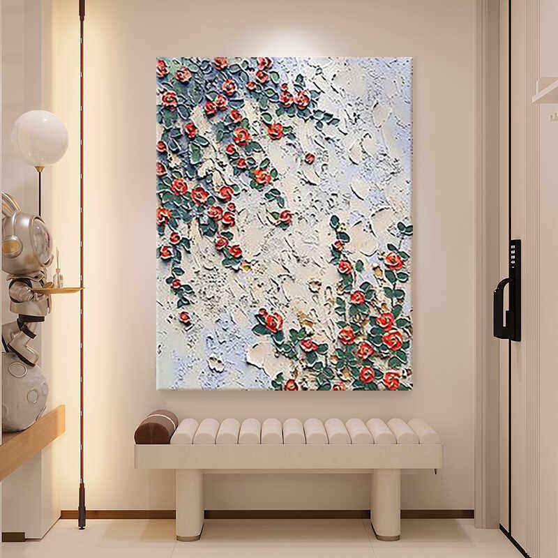 手绘油画蔷薇花厚肌理装饰画立体开门红客厅玄关餐厅小众艺术挂画