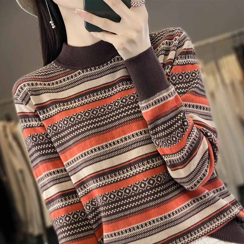 双莲100%纯棉针织衫女提花秋冬新款打底衫上衣全棉线高档内搭毛衣