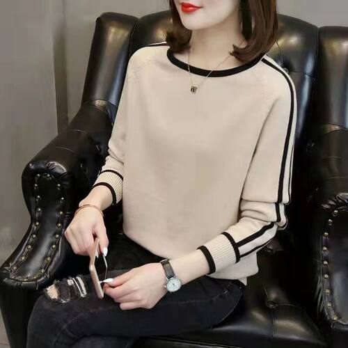 双莲100%纯棉针织衫打底衫女拼色冬装新款上衣全棉高档春秋毛衣潮