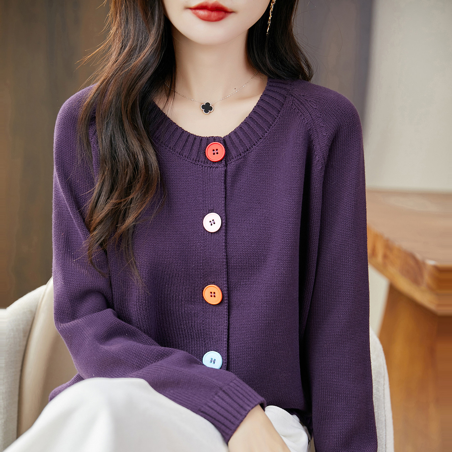 双莲100%纯棉针织打底衫女开衫冬装新款上衣加厚全棉高档春秋毛衣