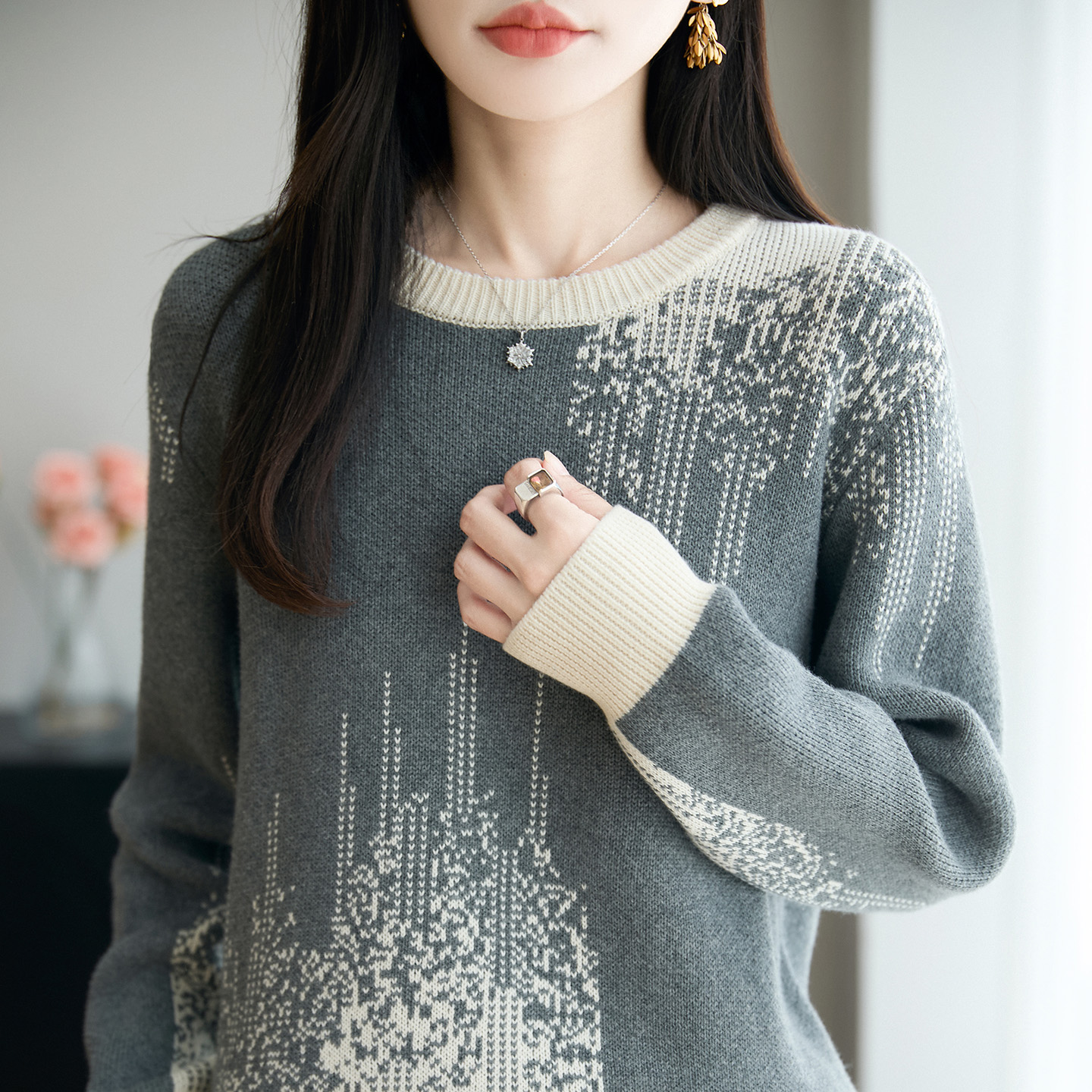 双莲100%纯棉针织衫女圆领提花秋冬新款上衣加厚全棉高档撞色毛衣