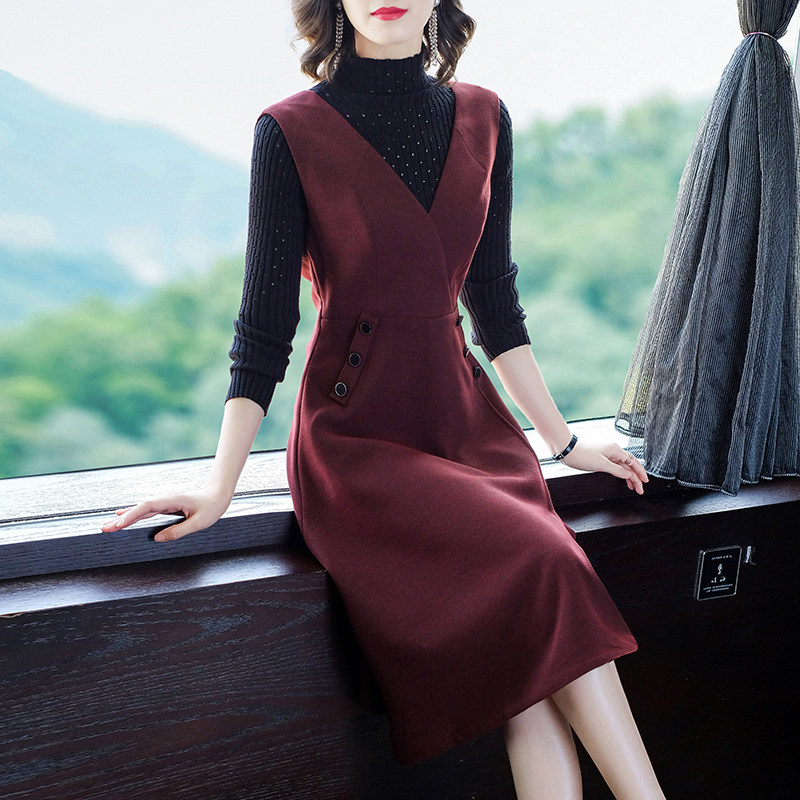 毛呢连衣裙女春秋外穿V领秋冬修身背心裙毛衣裙子两件套洋气减龄,女装/女士精品,时尚套装,淘宝优惠券,粉丝福利购,淘宝优惠卷