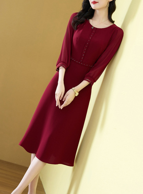 酒红色晚宴会礼服连衣裙女九分袖2025春秋新款名媛气质妈妈A字裙