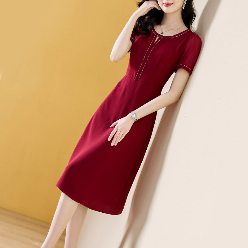 纯色连衣裙酒红色中老年遮肚子修身短袖中长款裙子洋气时尚女装夏