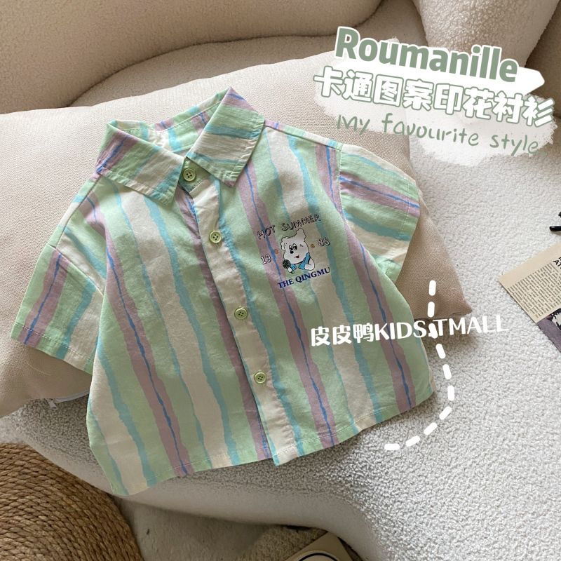 儿童衬衫夏季新款男童韩版多巴胺彩条短袖棉上衣男宝宝夏装衬衣潮