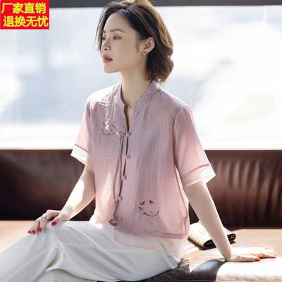 妈妈夏装短袖衬衫套装2025新款中式洋气小个子中老年人女士上衣服